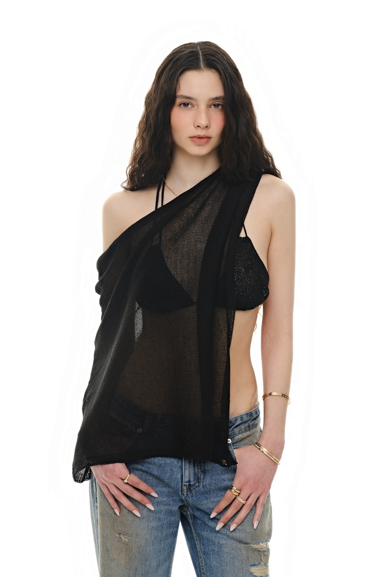 SHEER LINEN KNIT SHAWL (BLACK)
