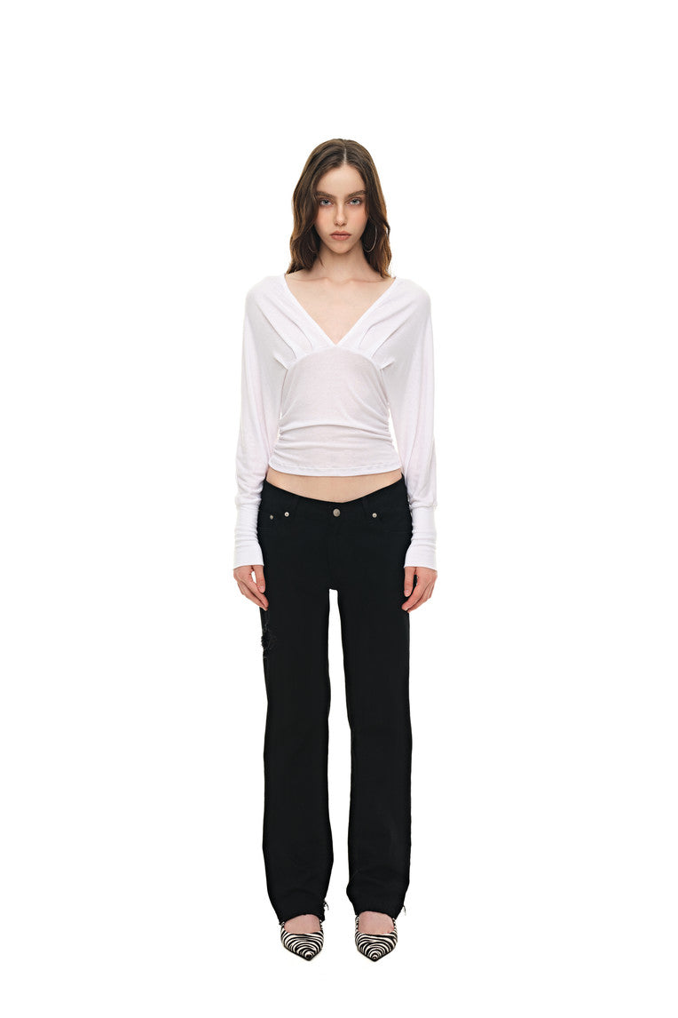 DEEP V-NECK SHIRRING TOP (WHITE)