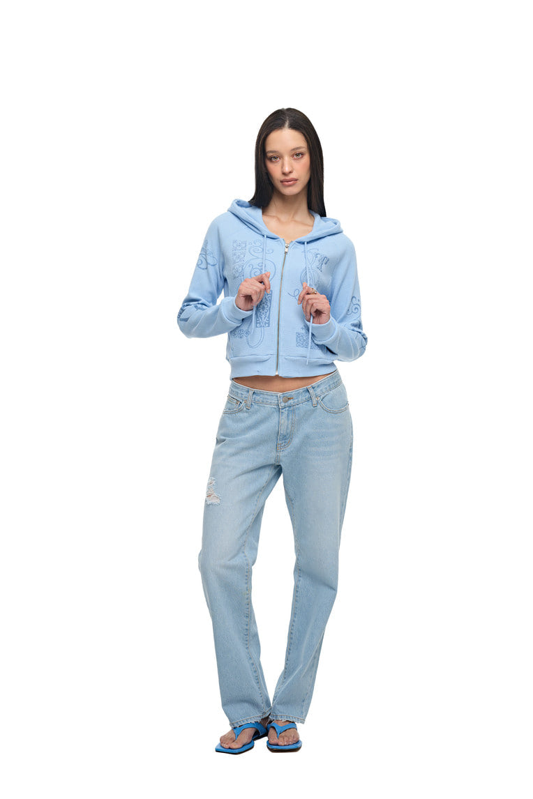 FOLK PATTERN CROP WAFFLE ZIP-UP HOODIE (LIGHT BLUE)
