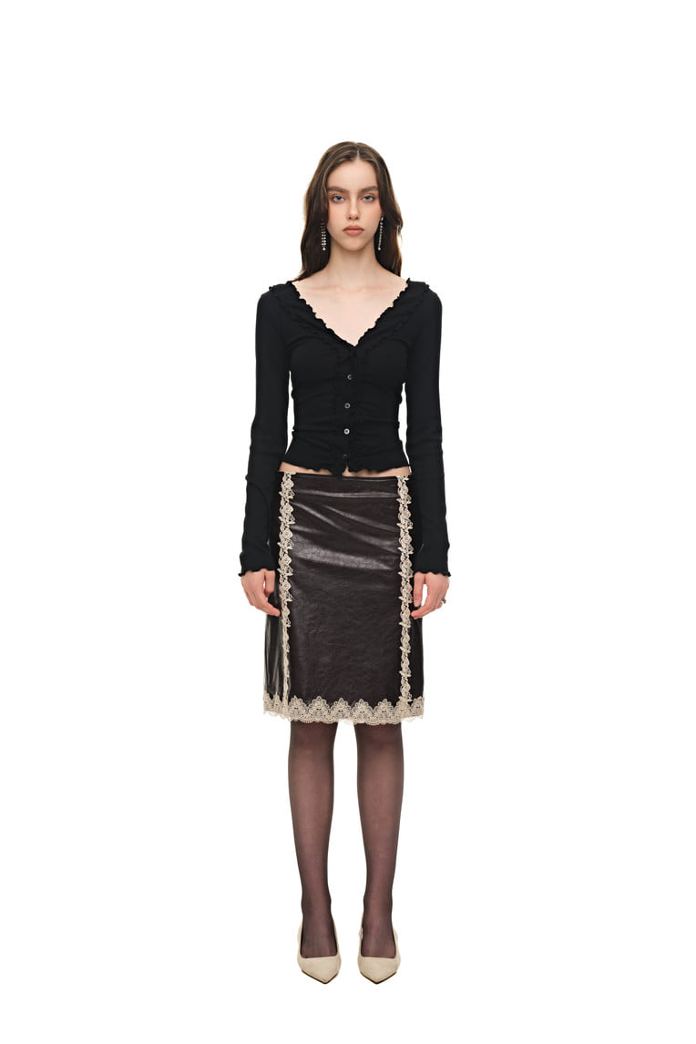 LACE POINT LEATHER MIDI SKIRT (BURGUNDY)