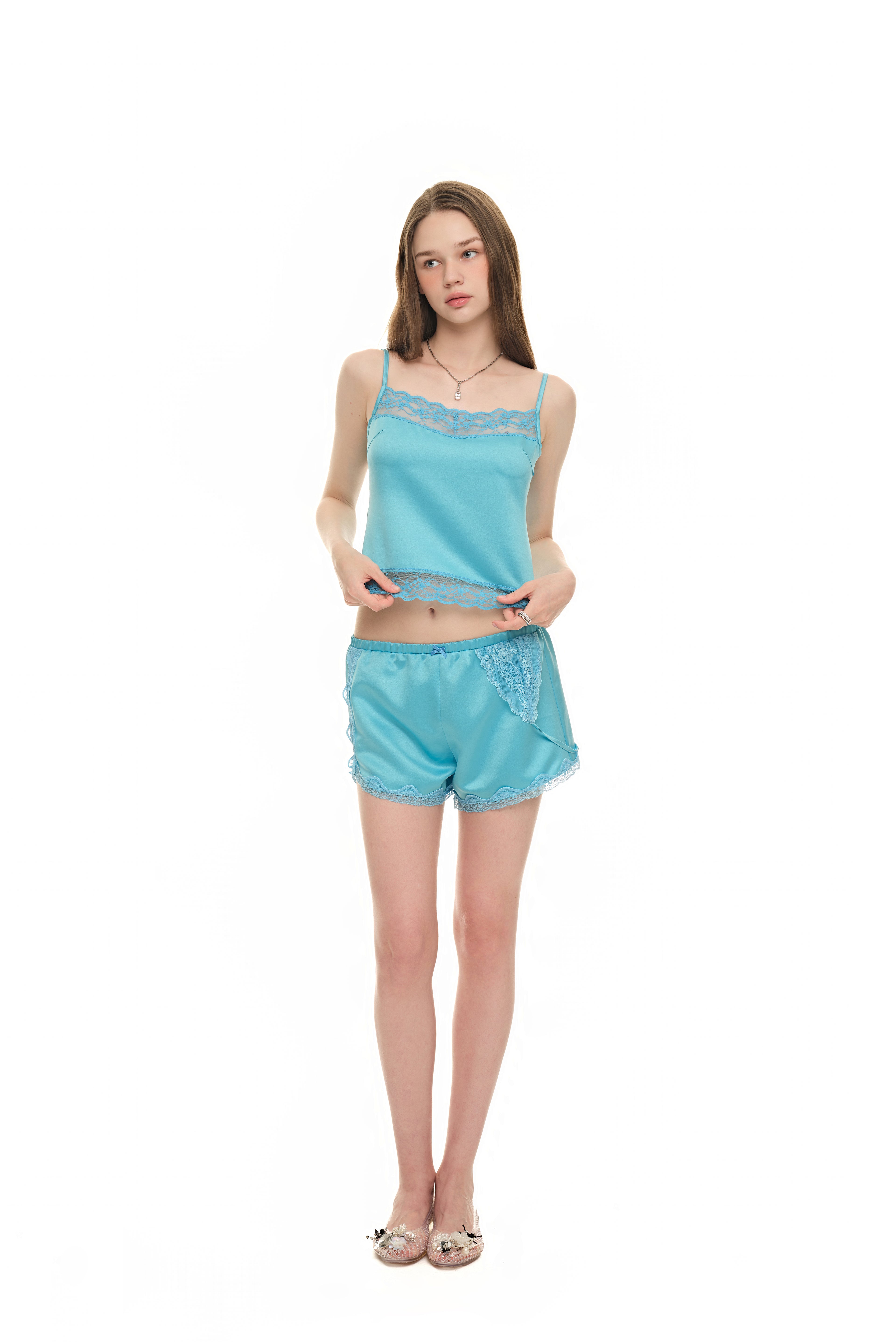 ASYMMETRIC LACE TRIM SLIP SHORTS (BLUE)