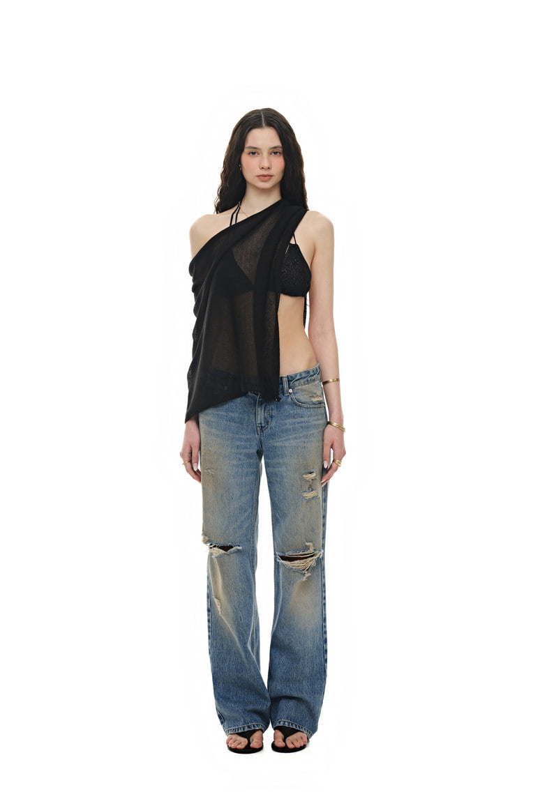 SHEER LINEN KNIT SHAWL (BLACK)