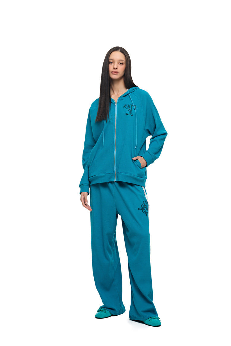 LEO HOTFIX WAFFLE ZIP-UP HOODIE (TEAL)