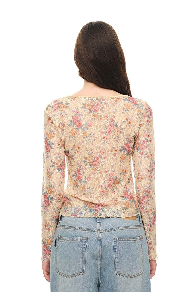 METALLIC FLORAL KEYHOLE TIE TOP (YELLOW)
