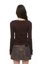 FRILL TRIM V-NECK CARDIGAN (BROWN)
