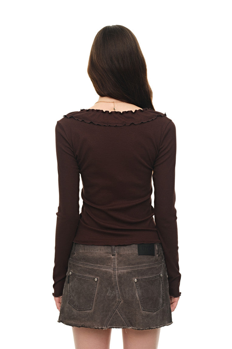 FRILL TRIM V-NECK CARDIGAN (BROWN)