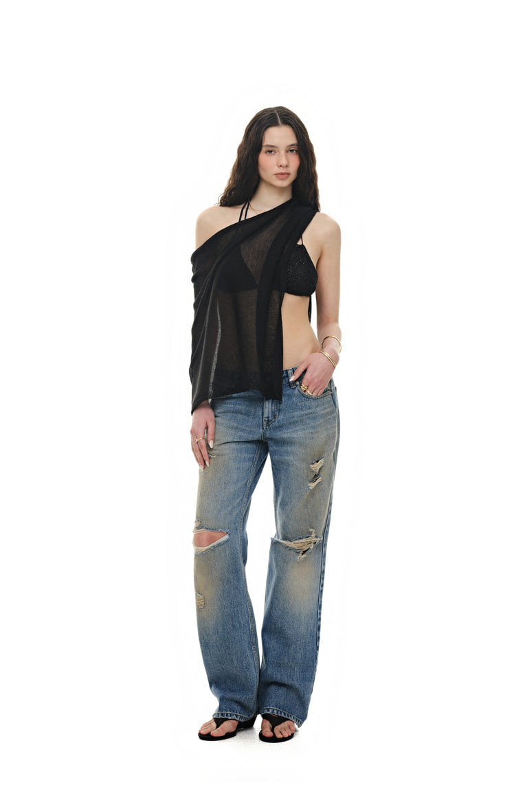 SHEER LINEN KNIT SHAWL (BLACK)