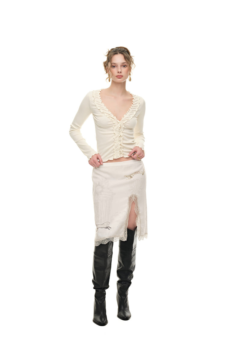 FRILL TRIM V-NECK CARDIGAN (IVORY)