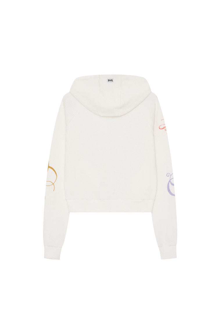 FOLK PATTERN CROP WAFFLE ZIP-UP HOODIE (WHITE)