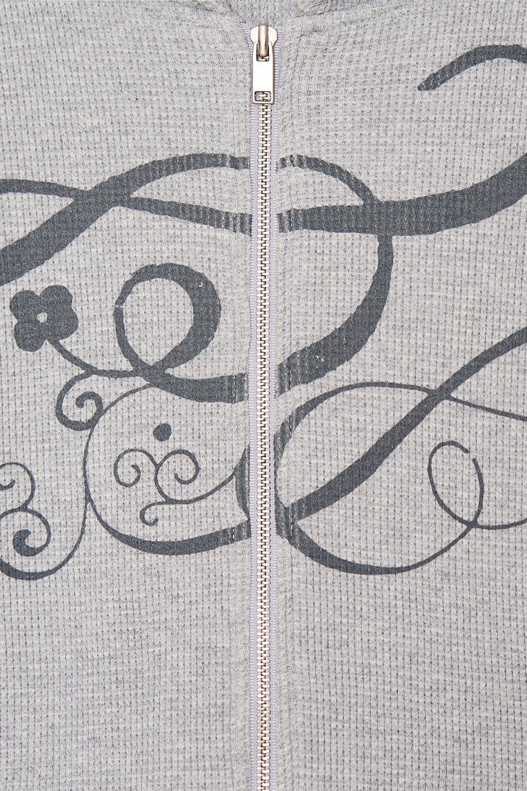 FOLK PATTERN 02 CROP WAFFLE ZIP-UP HOODIE (MELANGE GREY)