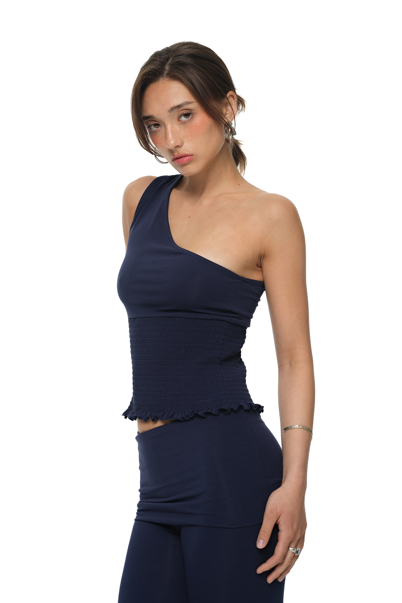 SMOCKED ONE SHOULDER TOP (NAVY)