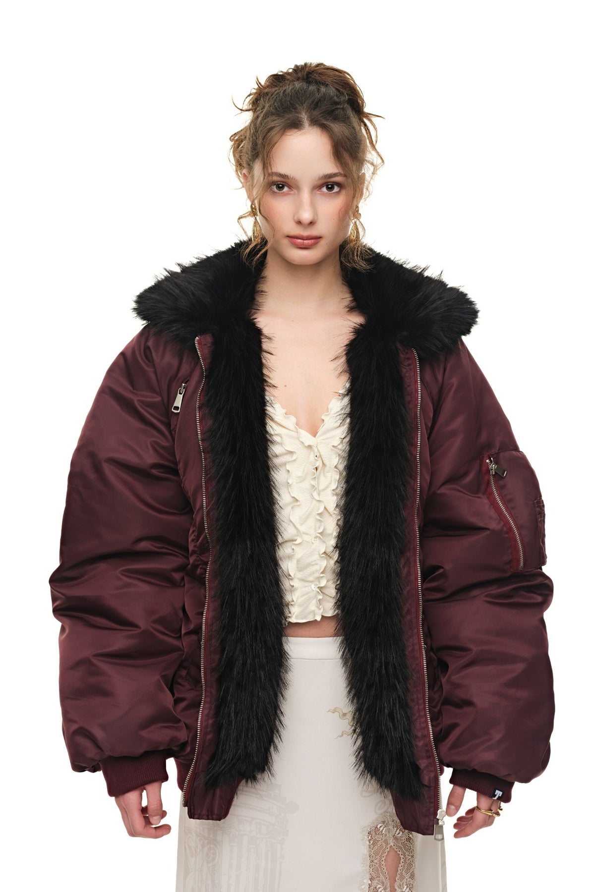 FAUX FUR 02 BOMBER JACKET (BURGUNDY) - 1