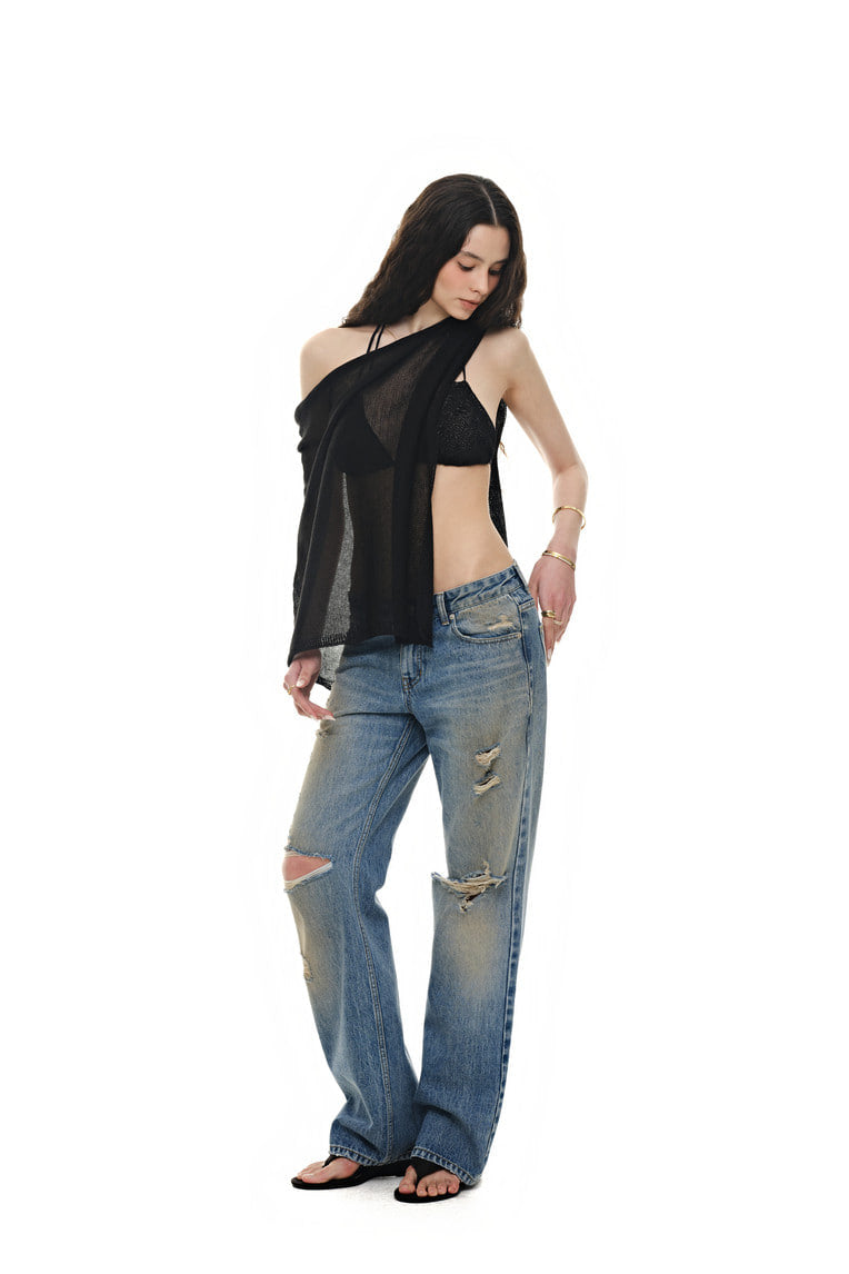 SHEER LINEN KNIT SHAWL (BLACK)