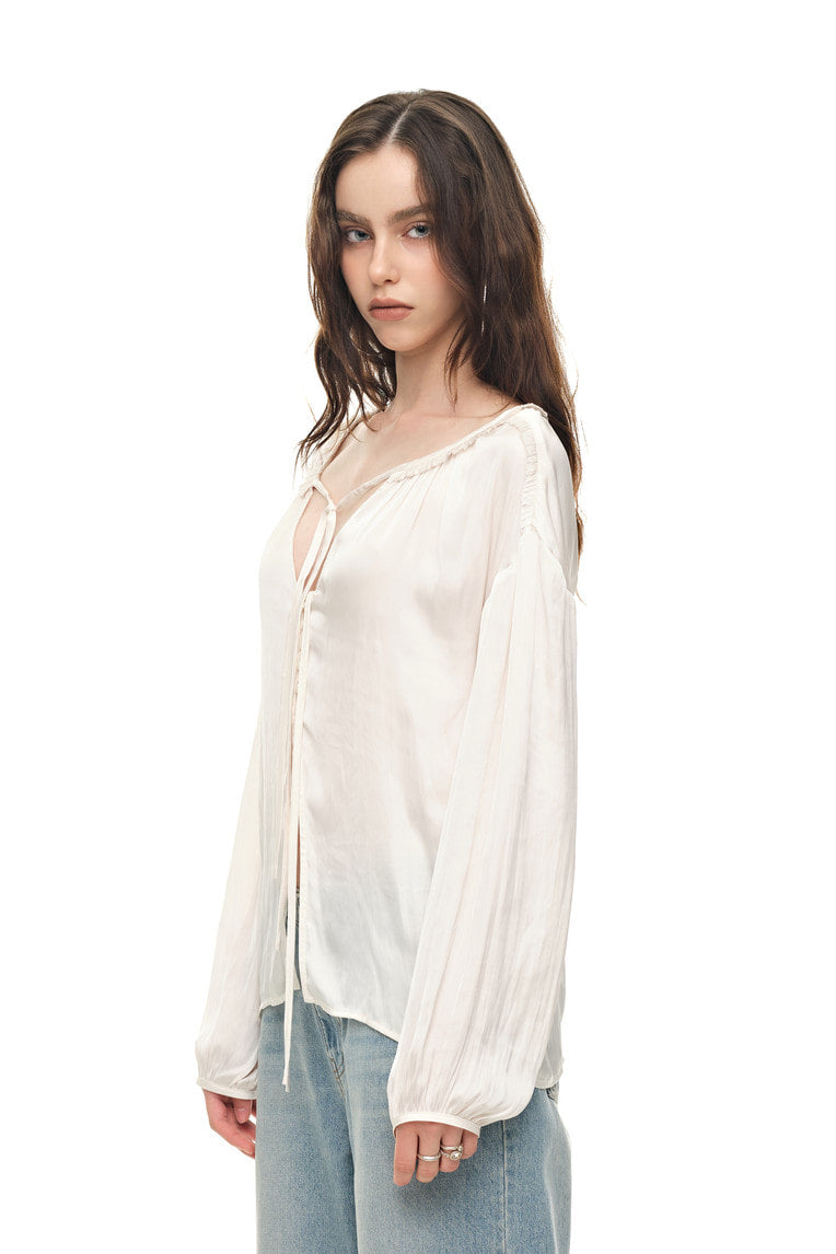 FRILL TRIM TIE BLOUSE (IVORY)
