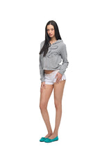 FOLK PATTERN 02 CROP WAFFLE ZIP-UP HOODIE (MELANGE GREY)