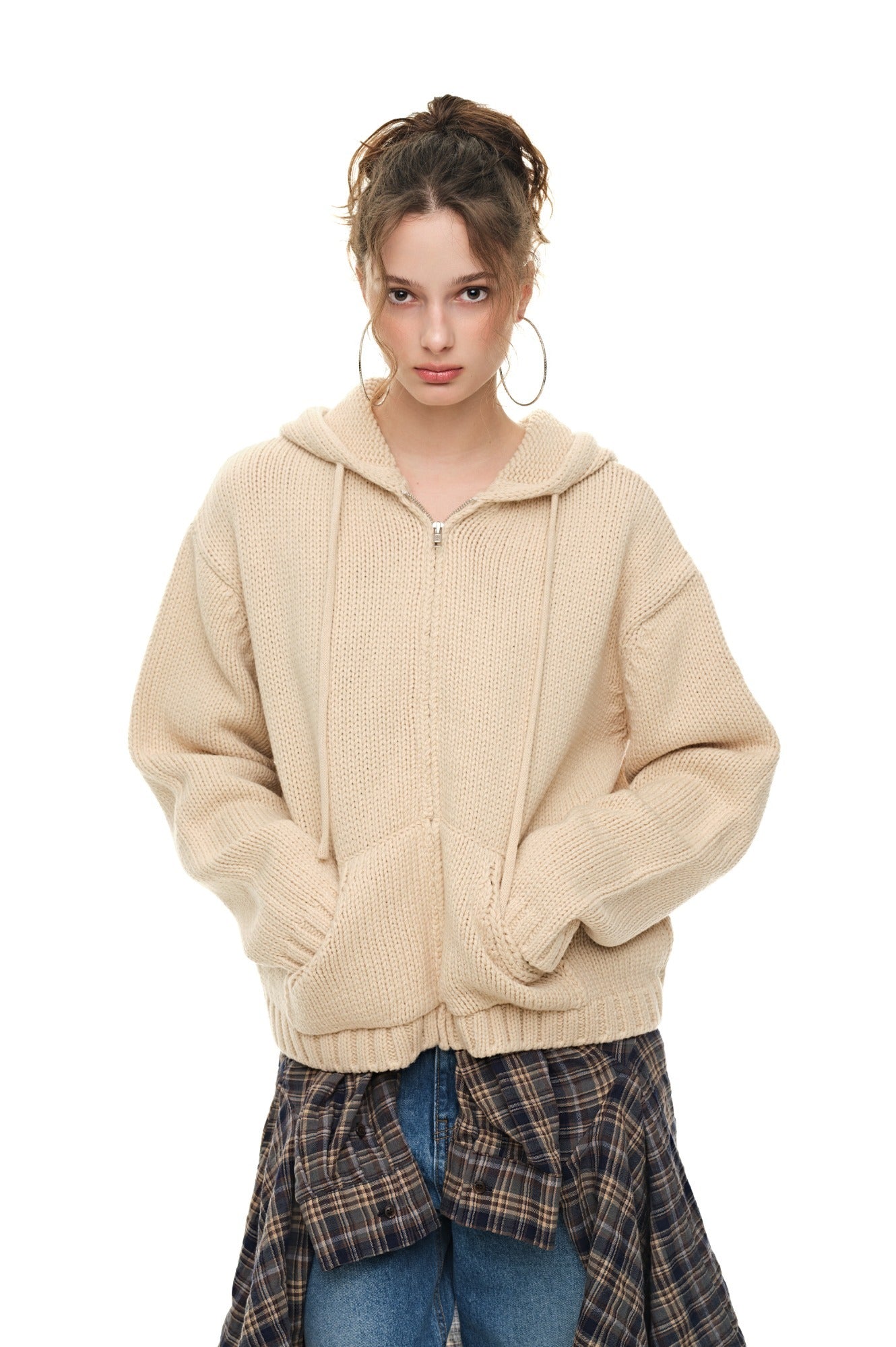 HEAVY KNIT ZIP-UP HOODIE (BEIGE)
