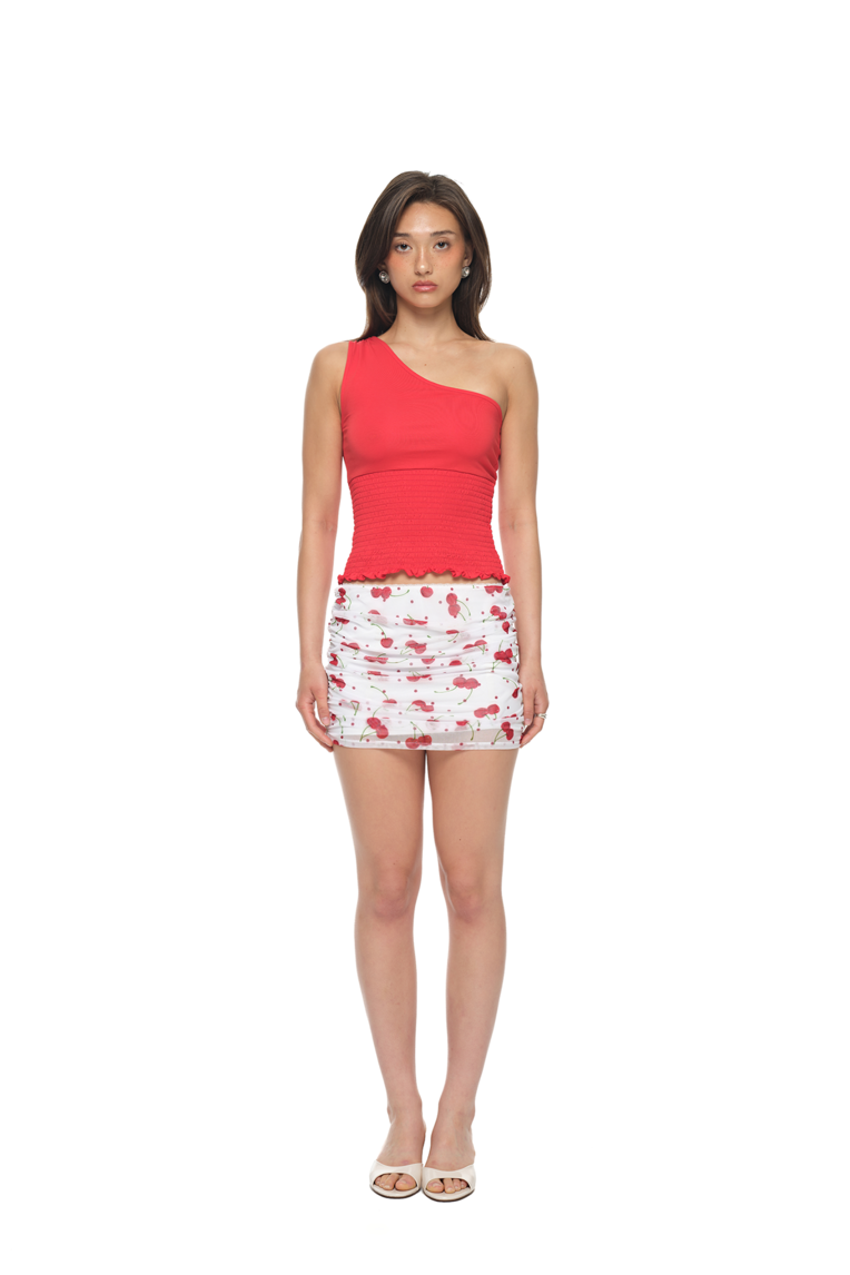 SMOCKED ONE SHOULDER TOP (RED)