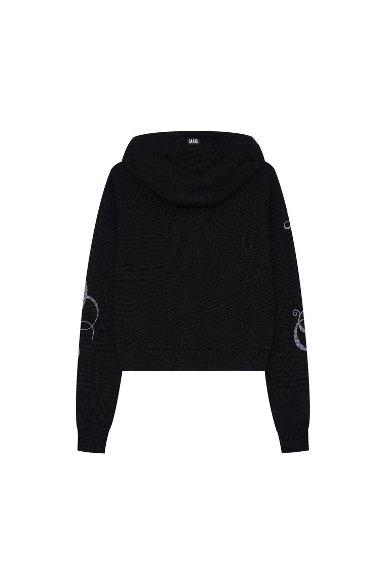 FOLK PATTERN CROP WAFFLE ZIP-UP HOODIE (BLACK)