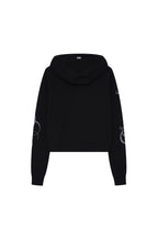 FOLK PATTERN CROP WAFFLE ZIP-UP HOODIE (BLACK)
