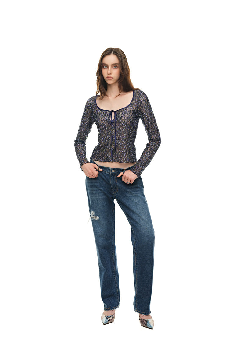 METALLIC FLORAL 02 KEYHOLE TIE TOP (NAVY) - 5