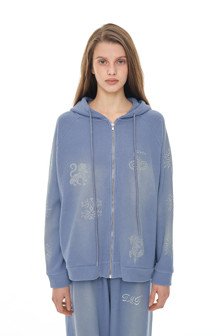 ZODIAC HOTFIX WAFFLE ZIP-UP HOODIE (WASHED BLUE)