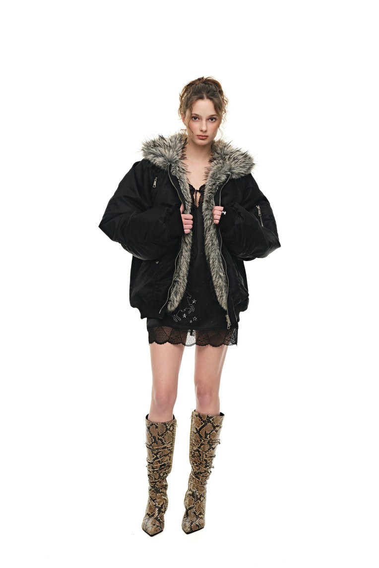 FAUX FUR 02 BOMBER JACKET (BLACK) - 4