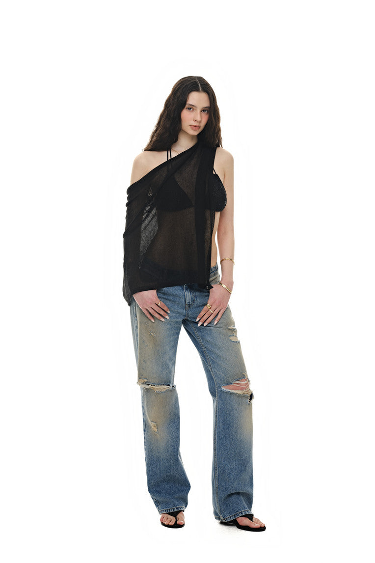SHEER LINEN KNIT SHAWL (BLACK)