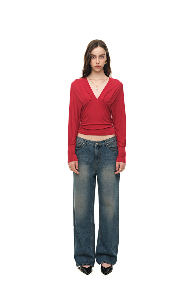 DEEP V-NECK SHIRRING TOP (RED)