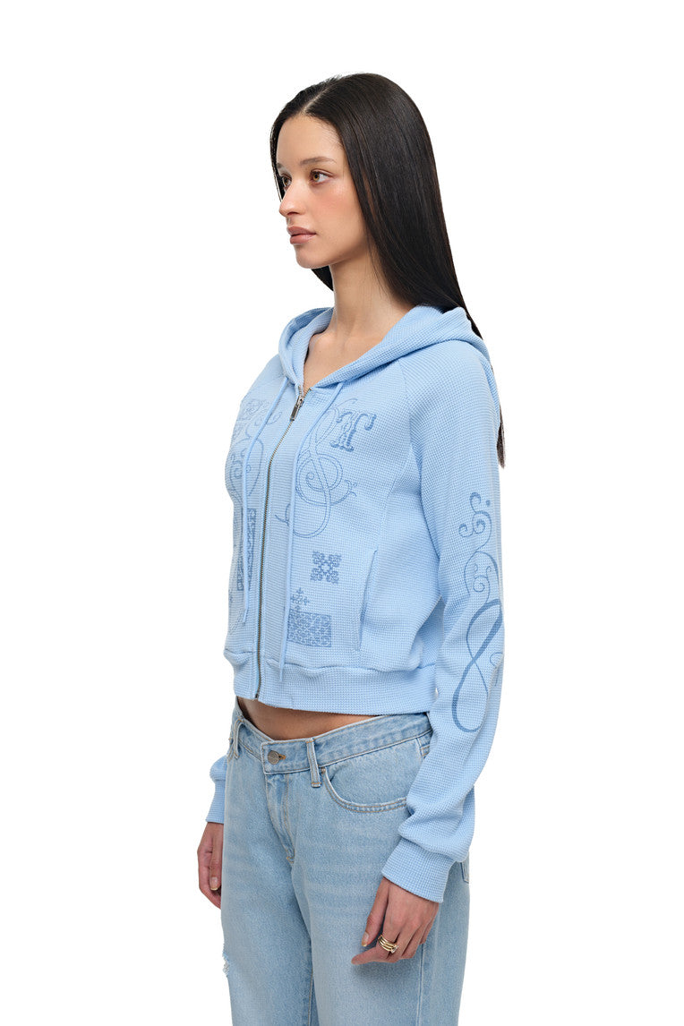 FOLK PATTERN CROP WAFFLE ZIP-UP HOODIE (LIGHT BLUE)