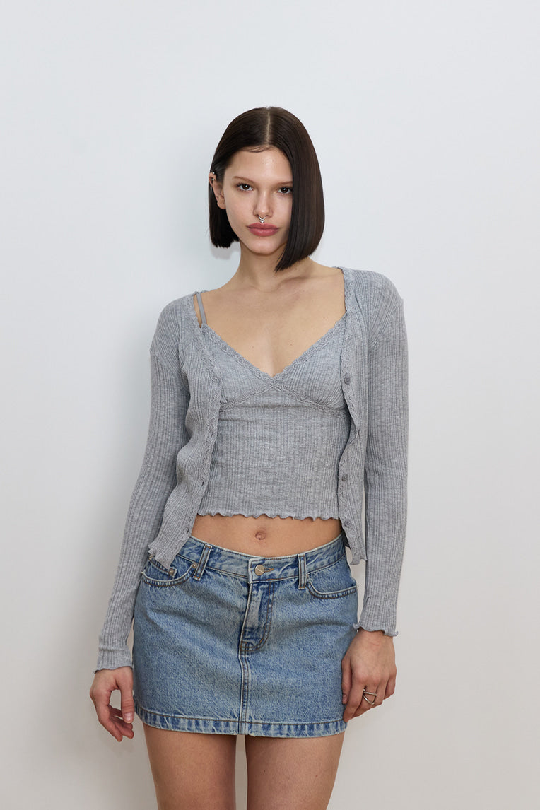 LACE RIBBED CARDIGAN (GREY)