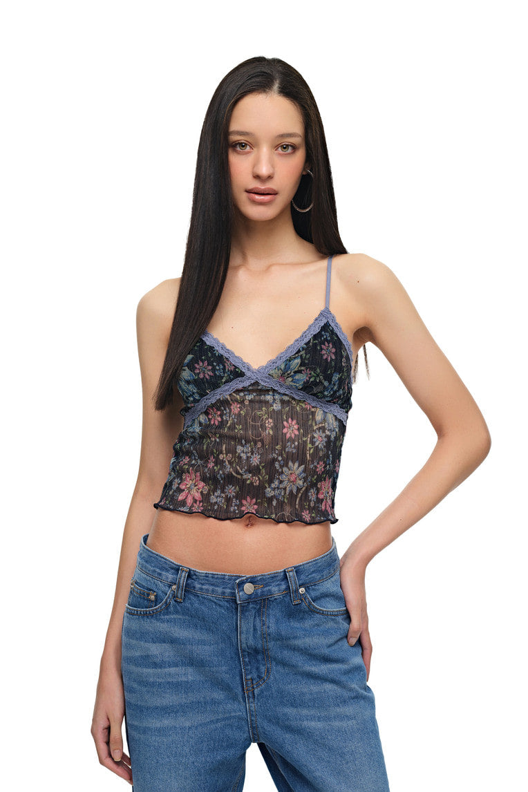 [Ships June 5] METALLIC FLORAL 03 LACE CAMI TOP (NAVY)