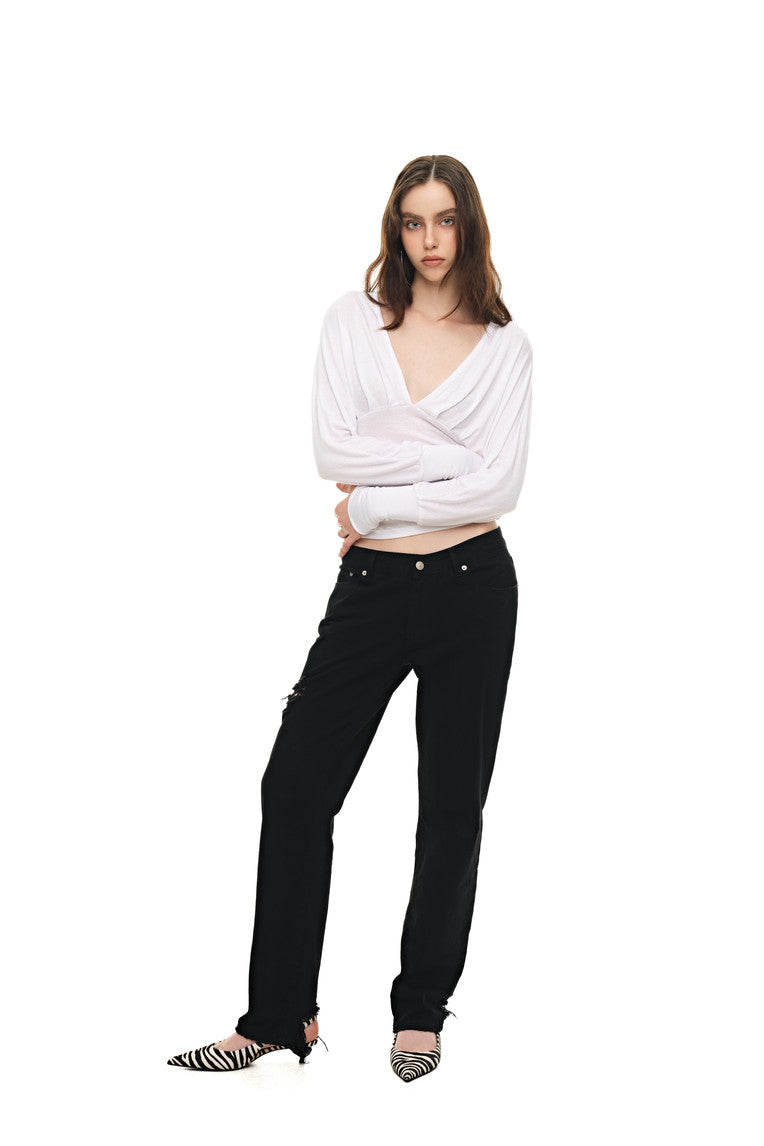 DEEP V-NECK SHIRRING TOP (WHITE)