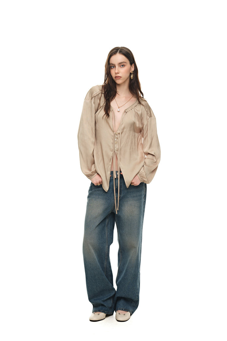 FRILL TRIM TIE BLOUSE (BEIGE)