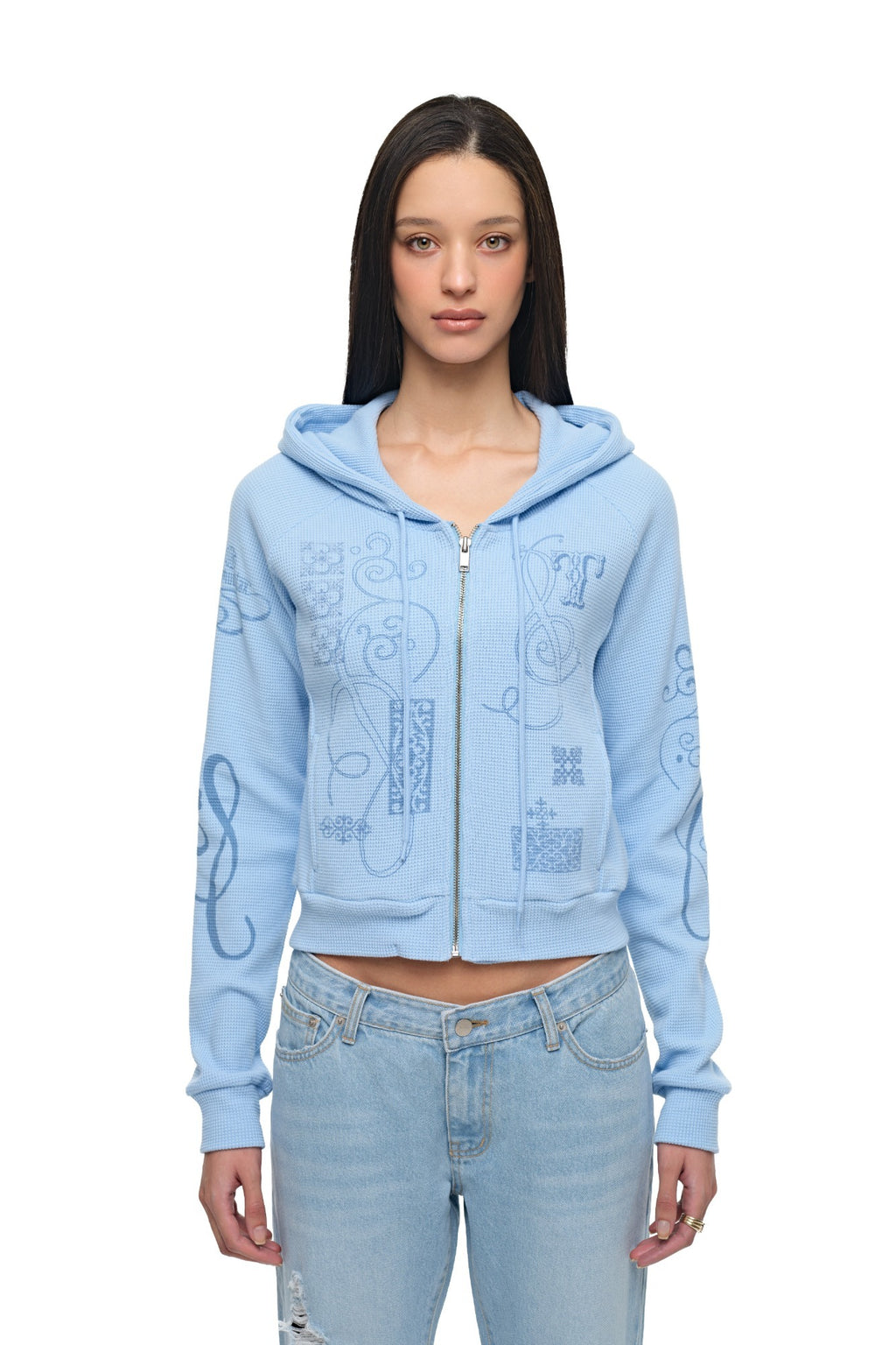 FOLK PATTERN CROP WAFFLE ZIP-UP HOODIE (LIGHT BLUE)
