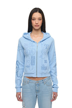 FOLK PATTERN CROP WAFFLE ZIP-UP HOODIE (LIGHT BLUE)