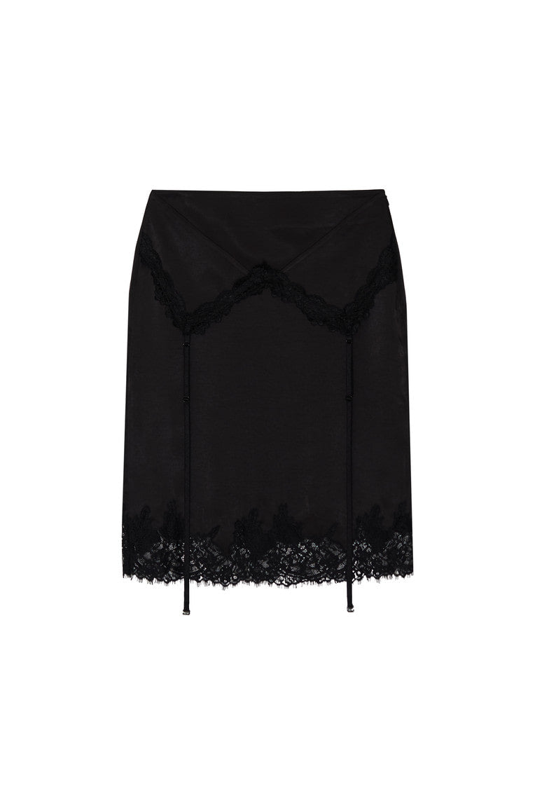 LACE TRIM GARTER MIDI SKIRT (BLACK)