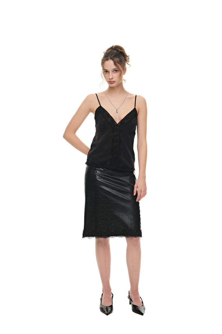 LACE POINT LEATHER MIDI SKIRT (BLACK)