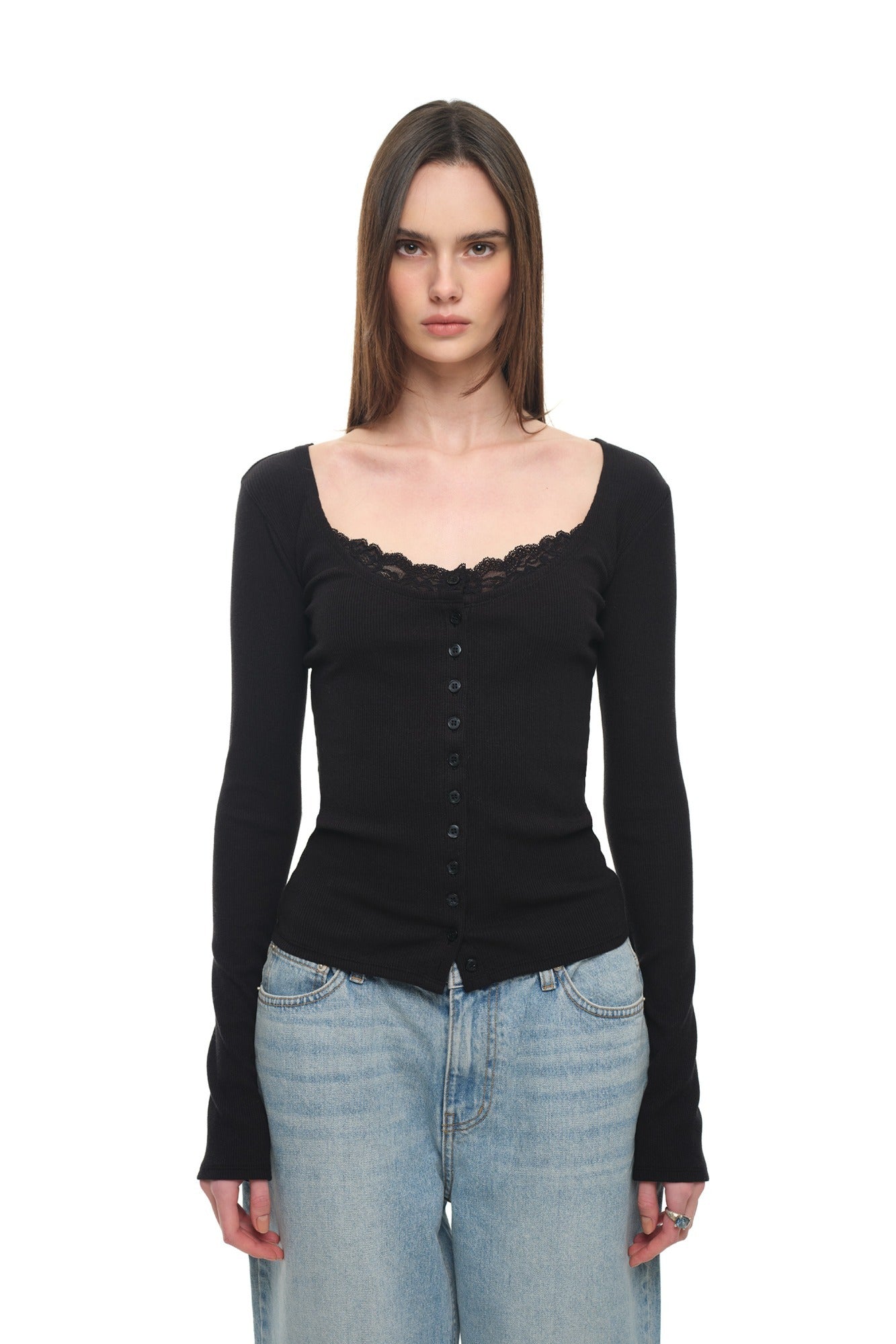 SCOOP NECK LACE TRIMMING CARDIGAN (BLACK)