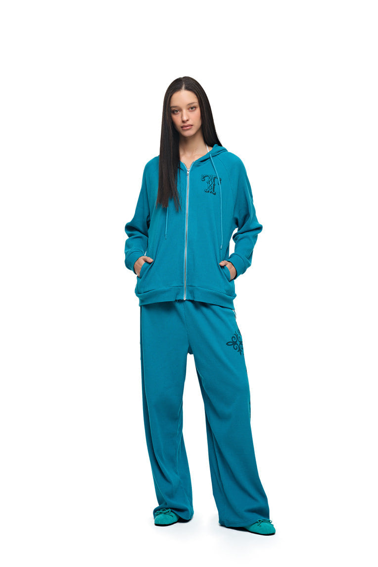 LEO HOTFIX WAFFLE ZIP-UP HOODIE (TEAL)