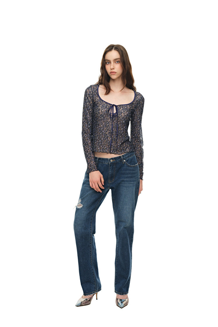 METALLIC FLORAL 02 KEYHOLE TIE TOP (NAVY) - 4