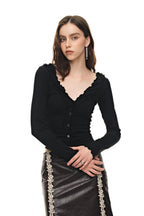 FRILL TRIM V-NECK CARDIGAN (BLACK)