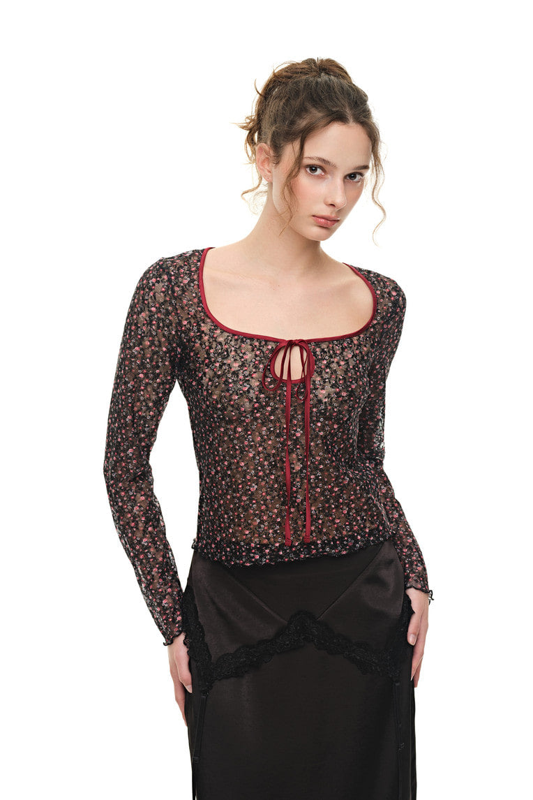 METALLIC FLORAL 02 KEYHOLE TIE TOP (RED) - 6