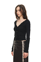 FRILL TRIM V-NECK CARDIGAN (BLACK)