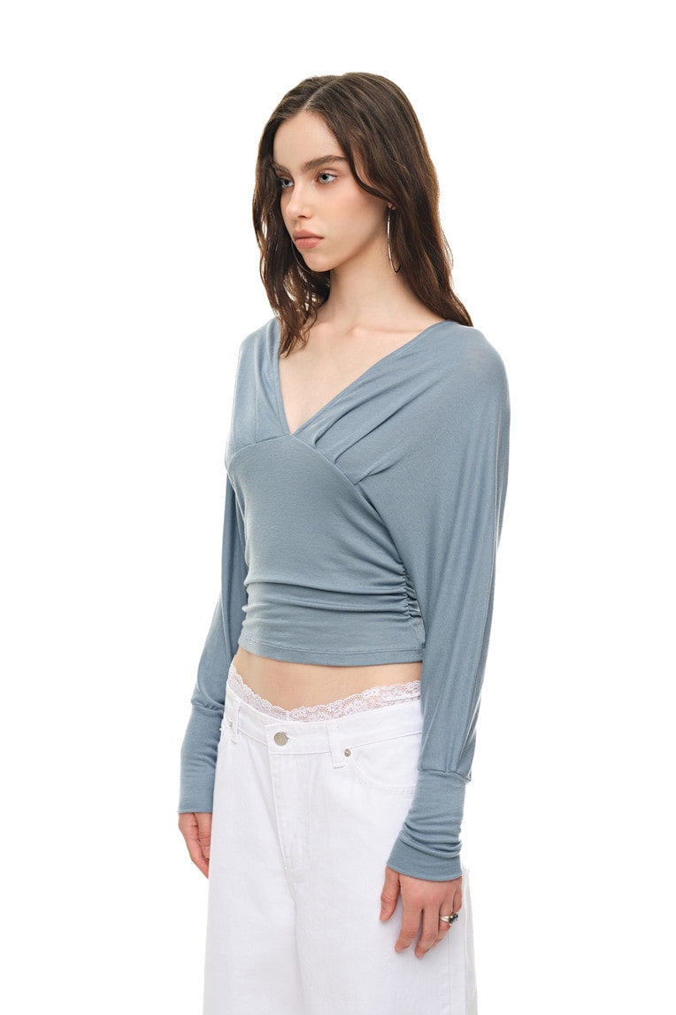 DEEP V-NECK SHIRRING TOP (LIGHT BLUE)