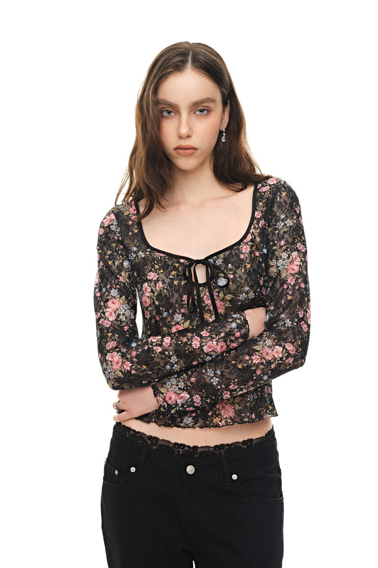 METALLIC FLORAL KEYHOLE TIE TOP (BLACK)
