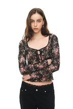 METALLIC FLORAL KEYHOLE TIE TOP (BLACK)
