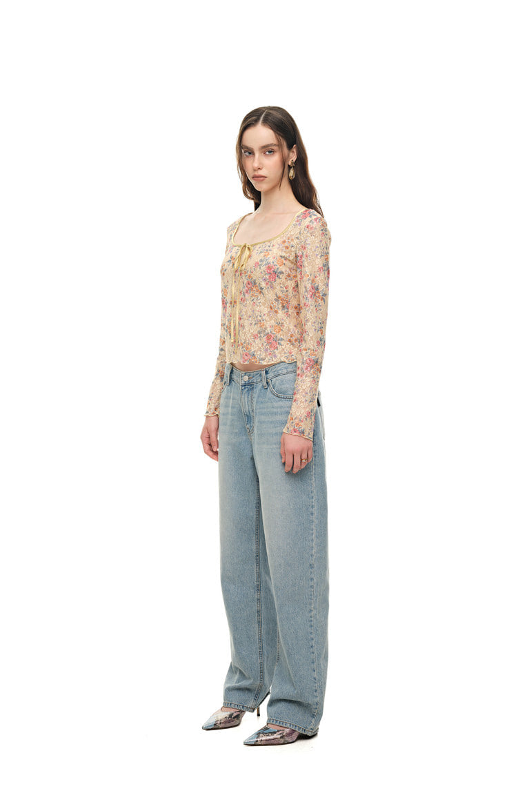 METALLIC FLORAL KEYHOLE TIE TOP (YELLOW)