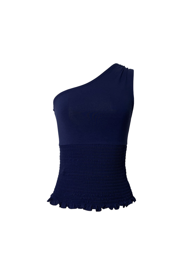 SMOCKED ONE SHOULDER TOP (NAVY)