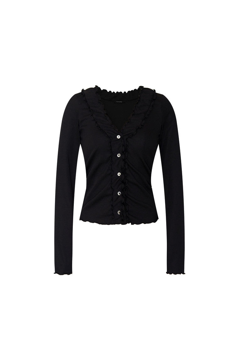FRILL TRIM V-NECK CARDIGAN (BLACK)