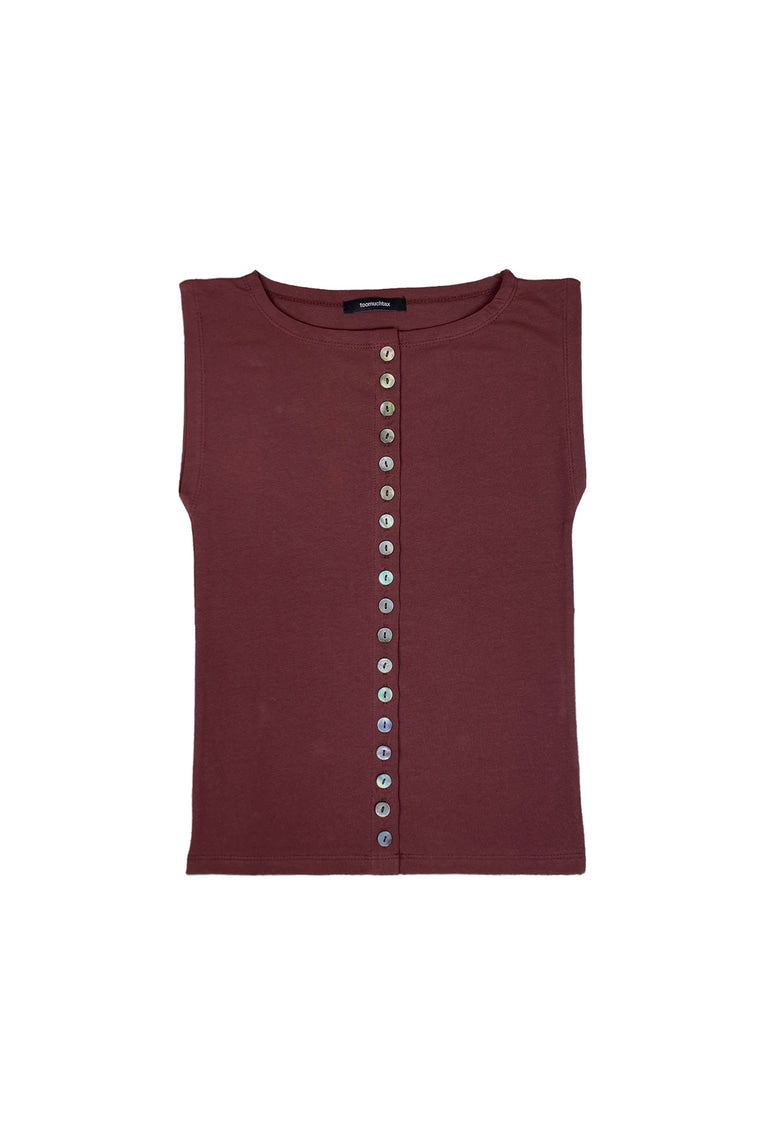 MOTHER OF PEARL BUTTON SLEEVELESS TOP (MAROON)